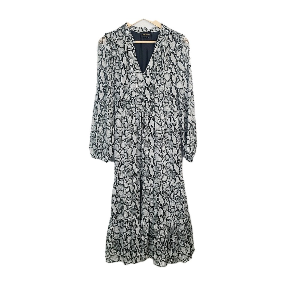 NEW Sugarlips Midi Dress S Gray Snake Print Metallic Weave Tiered Long Sleeve